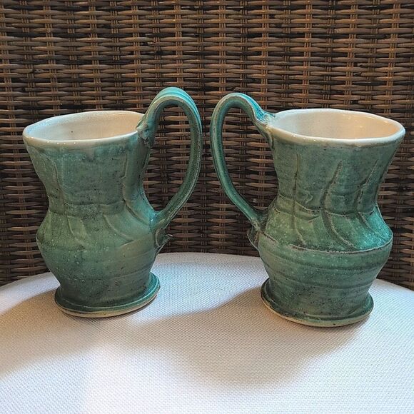 Handmade Turquoise Ceramic Textured Coffee Mug Set Artist Signed Pottery Cups - Picture 2 of 9